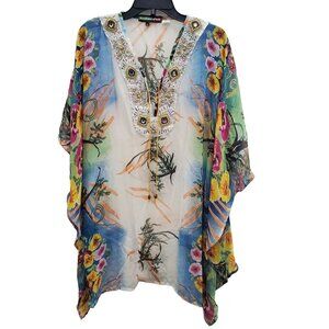 Key Lime & Pink Women's White Floral Heavy Embellished Sheer Swim Kaftan Sz L/XL